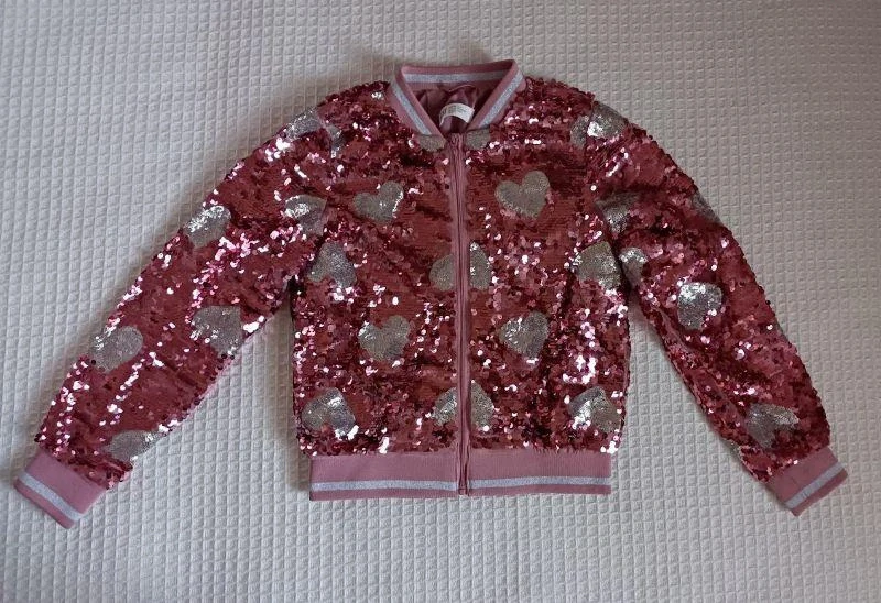 Bomber bunda vel. 134, růžová se stříbrnými flitrovanými srdíčky - H&M