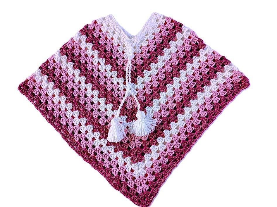 Dívčí háčkované pončo handmade – růžovobílé, cca 5–7 let