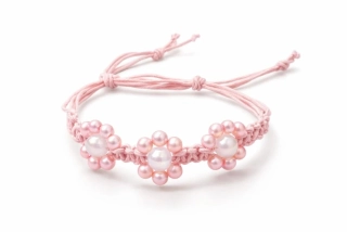 macramé náramek kytičky růžový